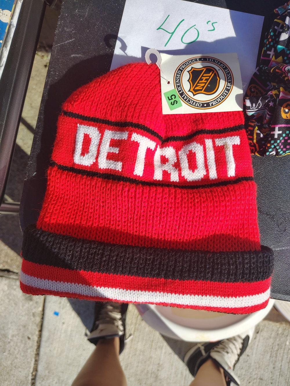 NHL Detroit Red Knit Beanie with Black & White Stripes
